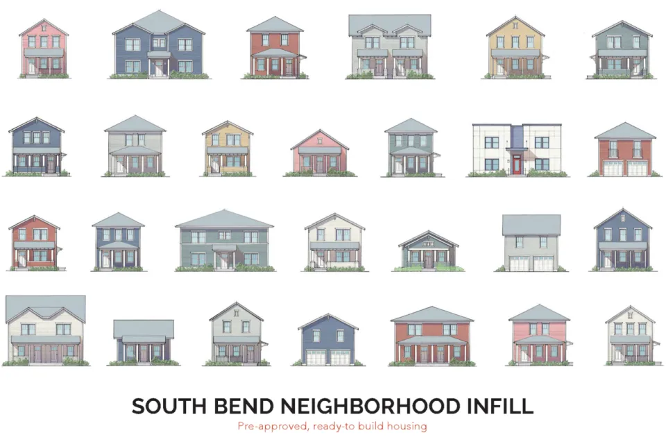 Sketches of front facades of houses laid out in a grid, six rows by four columns.